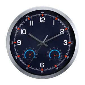 round alumium clock with T/H